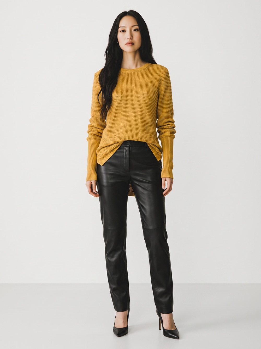 Max Studio Mustard Open-Knit Crewneck Sweater